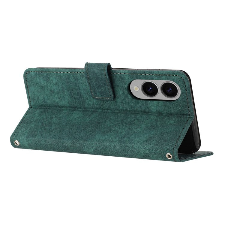 For Samsung Galaxy S25 Edge Case Imprinted Lines Leather Phone Cover with Stand - Green