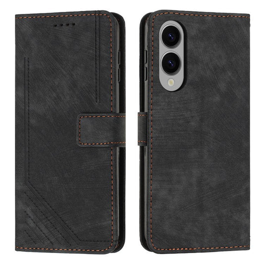 For Samsung Galaxy S25 Edge Case Imprinted Lines Leather Phone Cover with Stand - Black