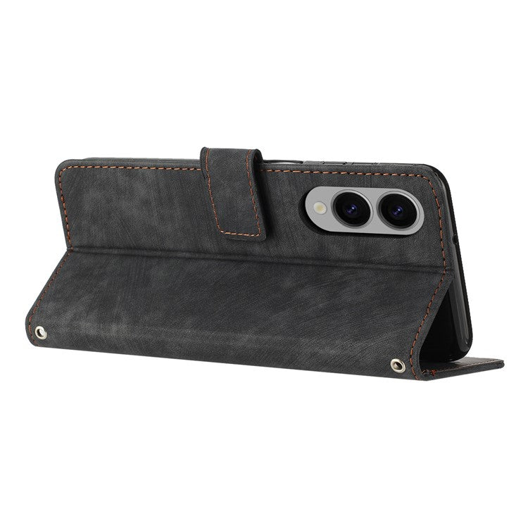For Samsung Galaxy S25 Edge Case Imprinted Lines Leather Phone Cover with Stand - Black