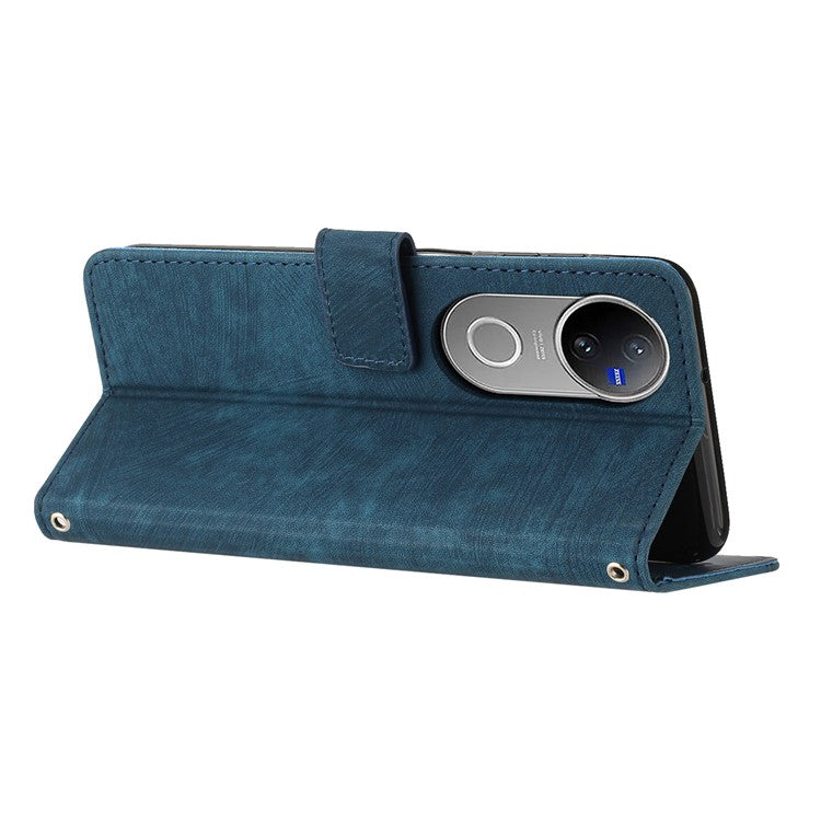 For vivo V50 5G Case Imprinted Lines Leather Phone Cover with Stand - Sapphire