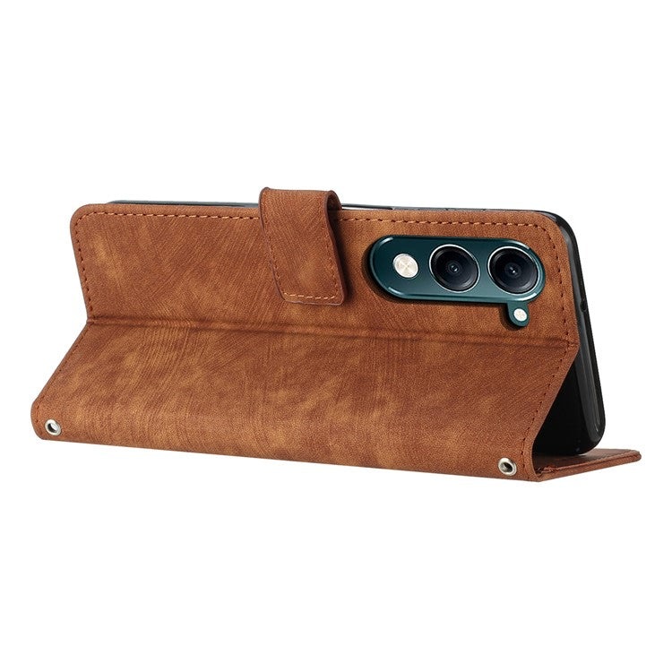 For vivo Y29s 5G Case Imprinted Lines Leather Phone Cover with Stand - Brown