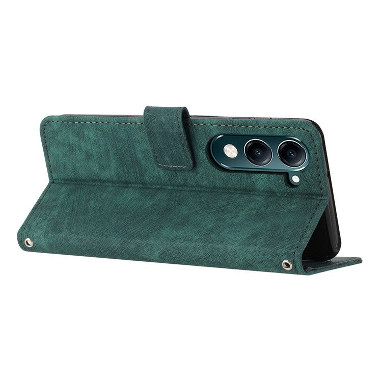 For vivo Y29s 5G Case Imprinted Lines Leather Phone Cover with Stand - Green