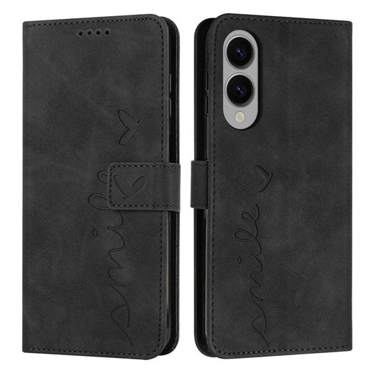For Samsung Galaxy S25 Edge Case Viewing Stand PU Leather Phone Cover Imprinted Heart Pattern - Black