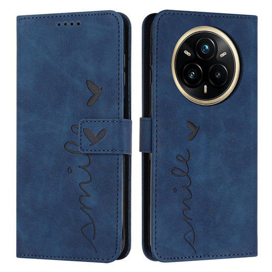 For Realme 14 Pro 5G Case Viewing Stand PU Leather Phone Cover Imprinted Heart Pattern - Blue