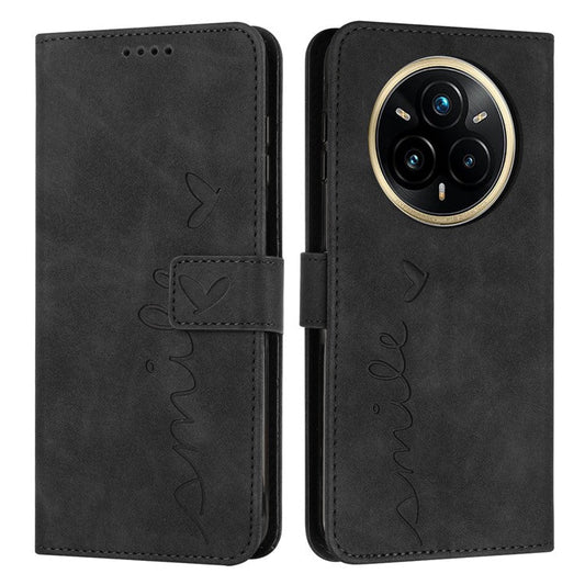 For Realme 14 Pro 5G Case Viewing Stand PU Leather Phone Cover Imprinted Heart Pattern - Black