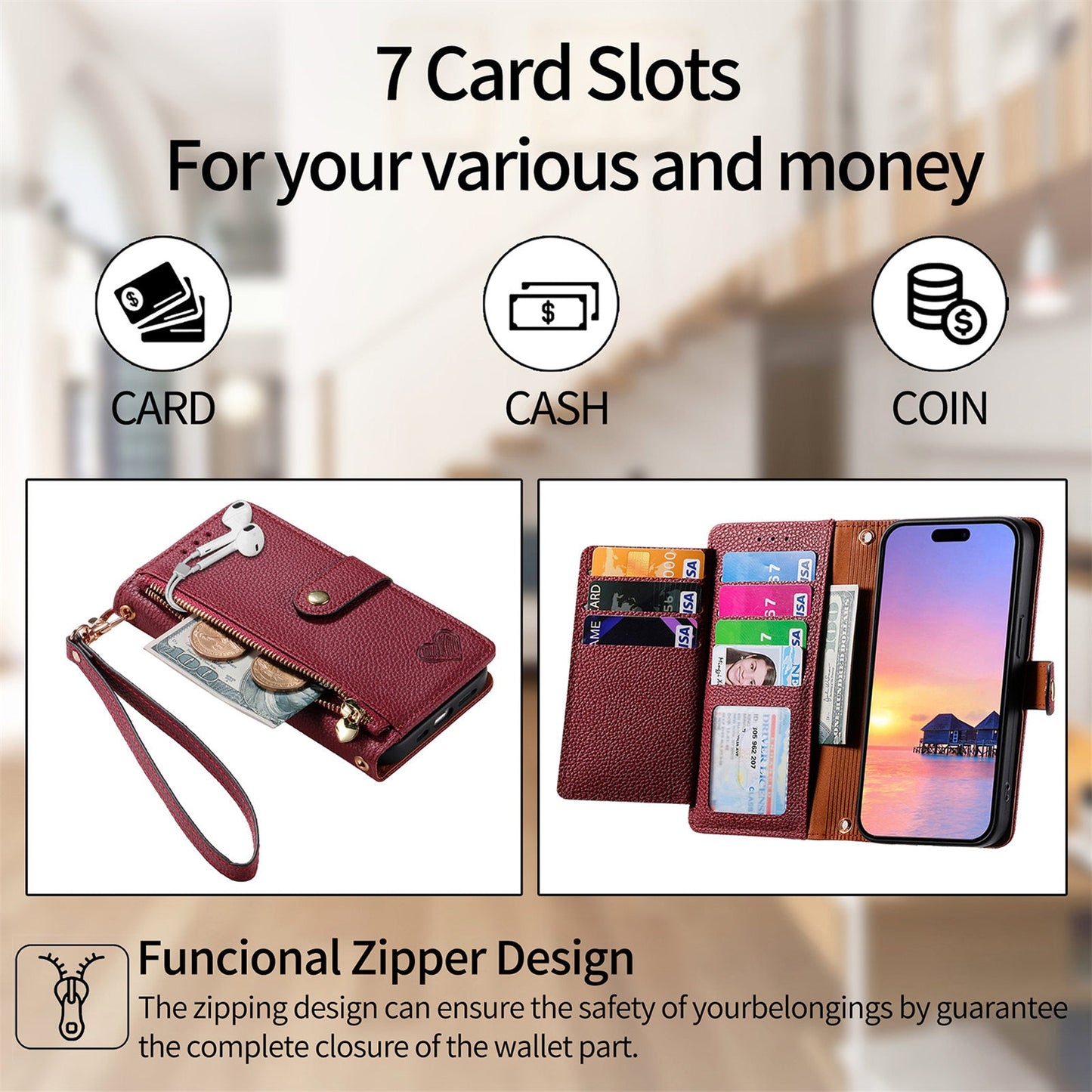 For Samsung Galaxy S25 Edge Case RFID Blocking Zipper Pocket Leather Wallet Phone Cover - Red