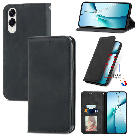 For Samsung Galaxy S25 Edge Leather Case with Card Holder Magnetic Absorption Phone Cover - Black