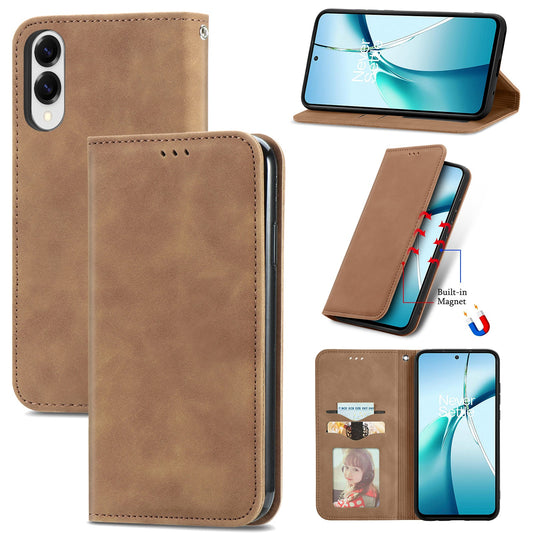 For Samsung Galaxy S25 Edge Leather Case with Card Holder Magnetic Absorption Phone Cover - Brown