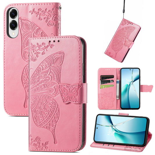 For Samsung Galaxy S25 Edge Case with Strap Butterfly Pattern PU Leather Wallet Phone Cover - Pink