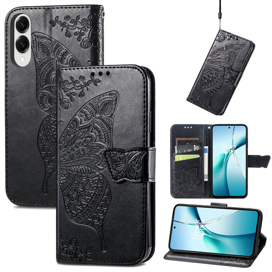 For Samsung Galaxy S25 Edge Case with Strap Butterfly Pattern PU Leather Wallet Phone Cover - Black