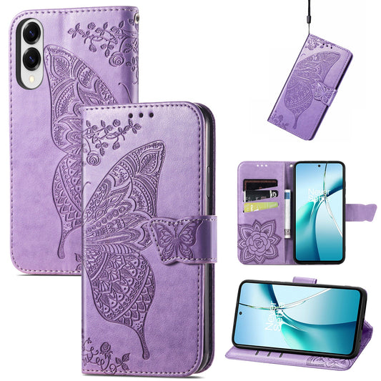 For Samsung Galaxy S25 Edge Case with Strap Butterfly Pattern PU Leather Wallet Phone Cover - Light Purple