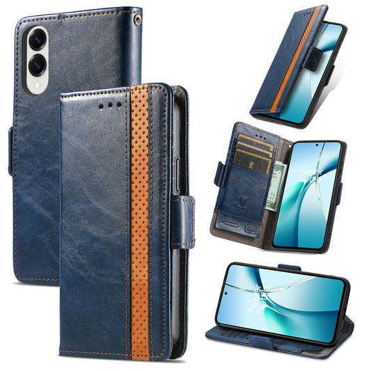For Samsung Galaxy S25 Edge Case CASENEO 002 Series RFID Blocking Leather Wallet Stand Phone Cover - Dark Blue