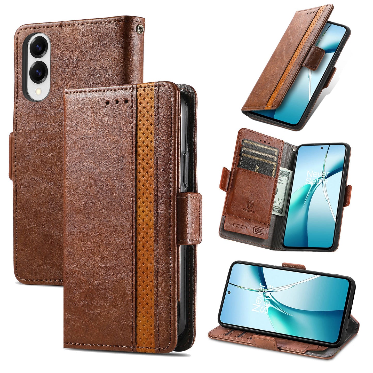 For Samsung Galaxy S25 Edge Case CASENEO 002 Series RFID Blocking Leather Wallet Stand Phone Cover - Dark Brown