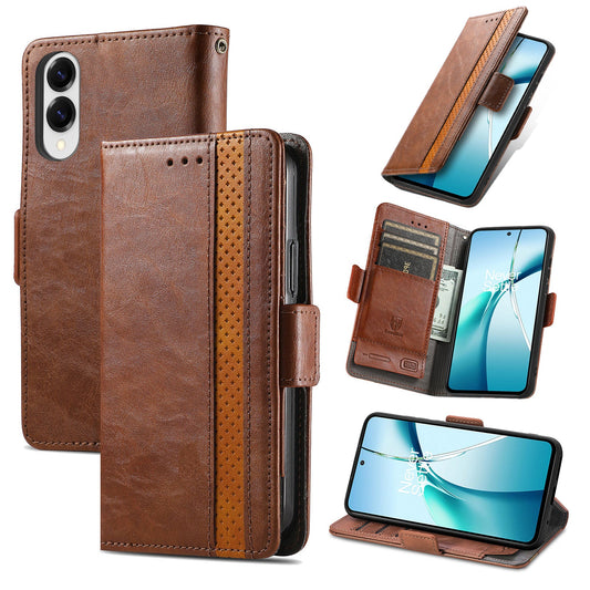 For Samsung Galaxy S25 Edge Case CASENEO 002 Series RFID Blocking Leather Wallet Stand Phone Cover - Dark Brown