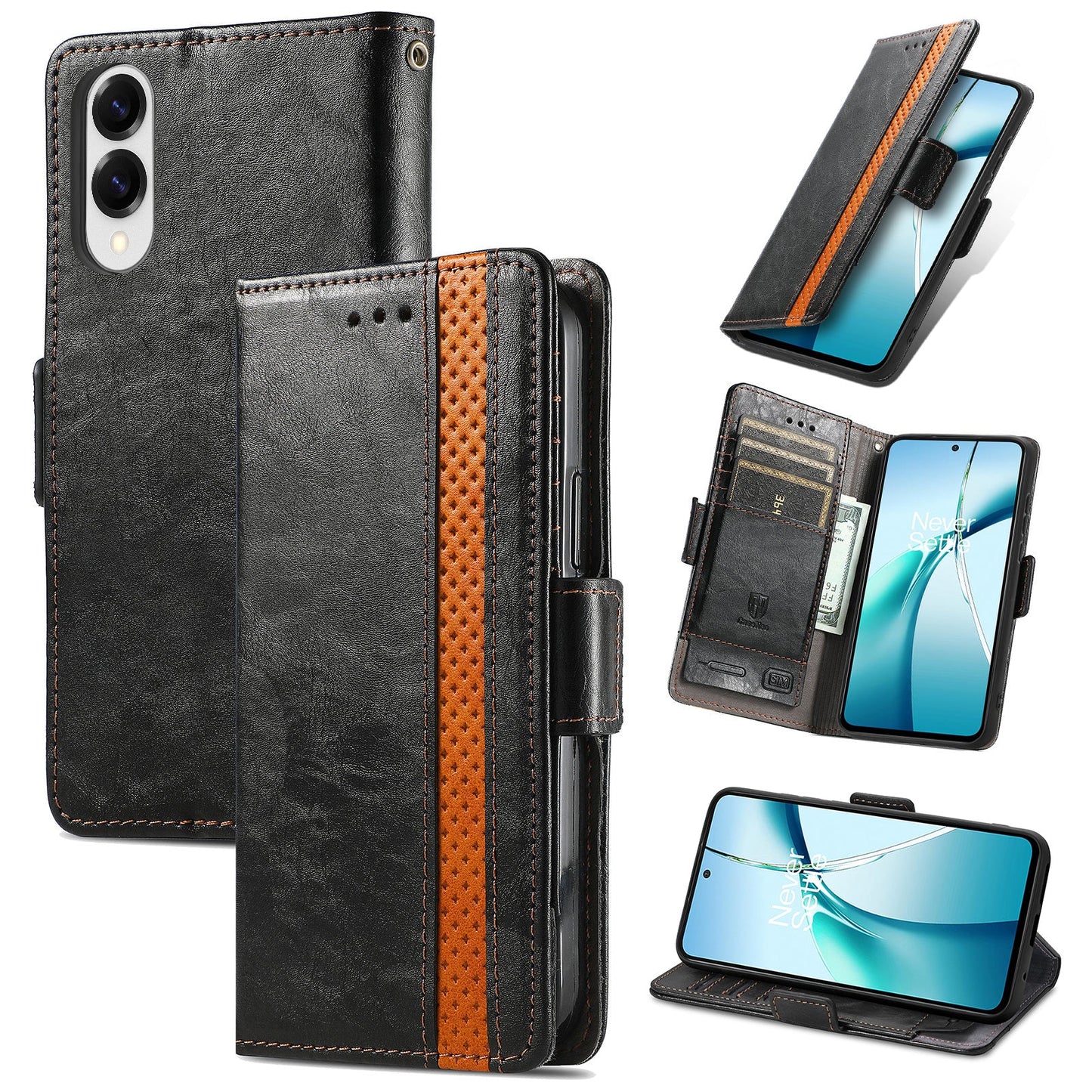 For Samsung Galaxy S25 Edge Case CASENEO 002 Series RFID Blocking Leather Wallet Stand Phone Cover - Black
