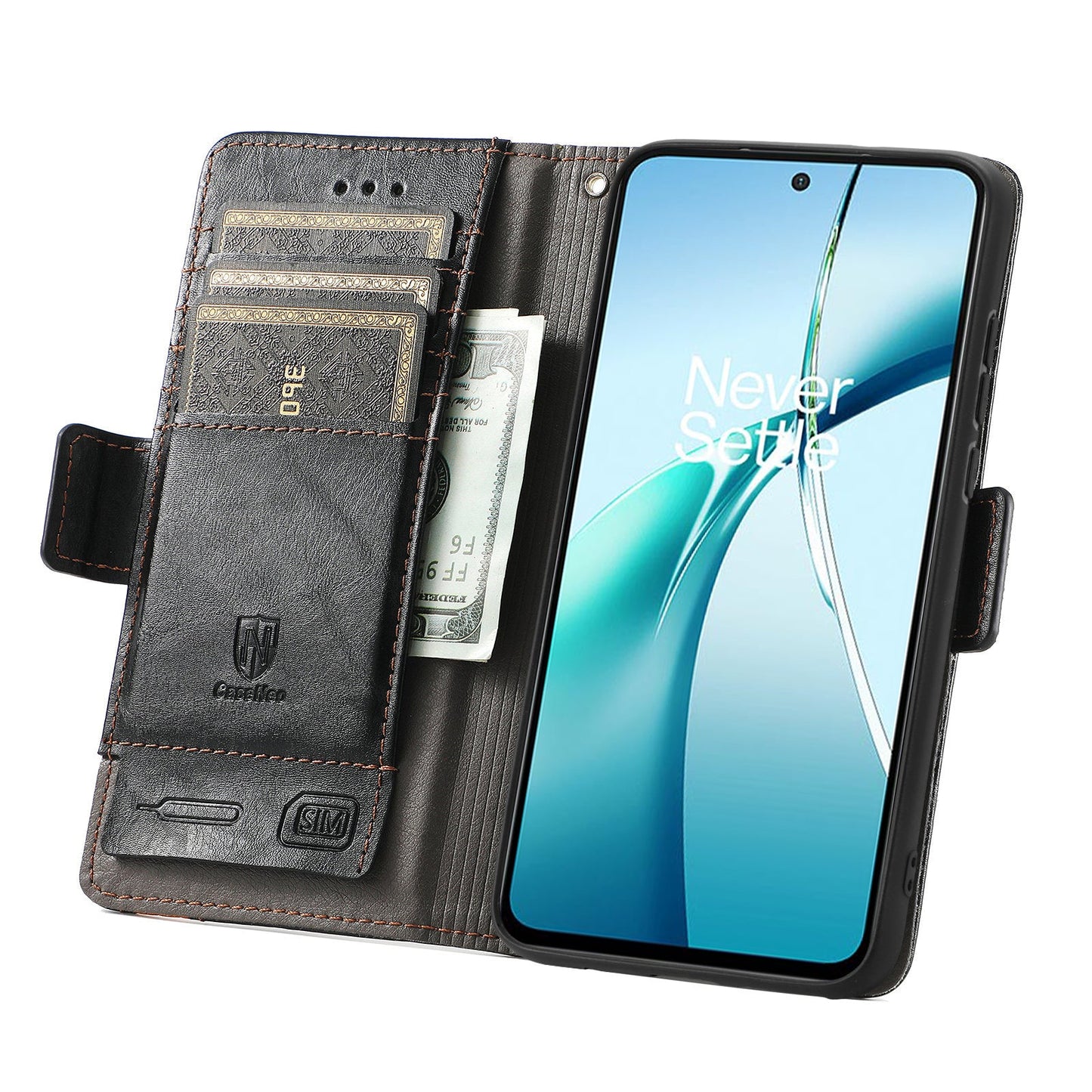 For Samsung Galaxy S25 Edge Case CASENEO 002 Series RFID Blocking Leather Wallet Stand Phone Cover - Black