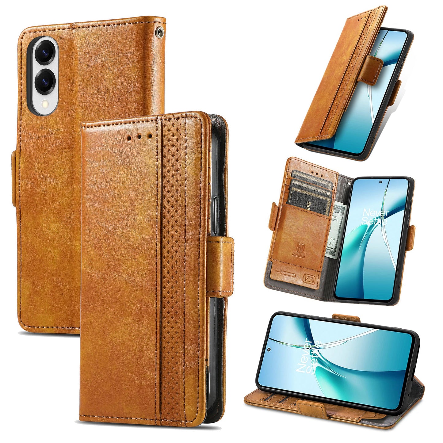 For Samsung Galaxy S25 Edge Case CASENEO 002 Series RFID Blocking Leather Wallet Stand Phone Cover - Khaki