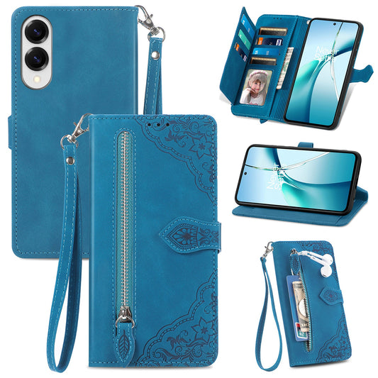 For Samsung Galaxy S25 Edge Zipper Wallet Case with Strap Flower Imprint PU Leather Phone Cover - Blue