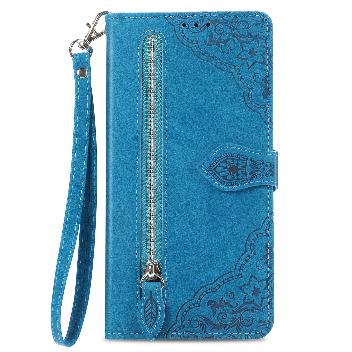 For Samsung Galaxy S25 Edge Zipper Wallet Case with Strap Flower Imprint PU Leather Phone Cover - Blue