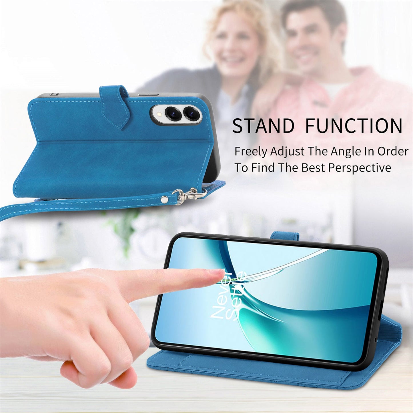 For Samsung Galaxy S25 Edge Zipper Wallet Case with Strap Flower Imprint PU Leather Phone Cover - Blue
