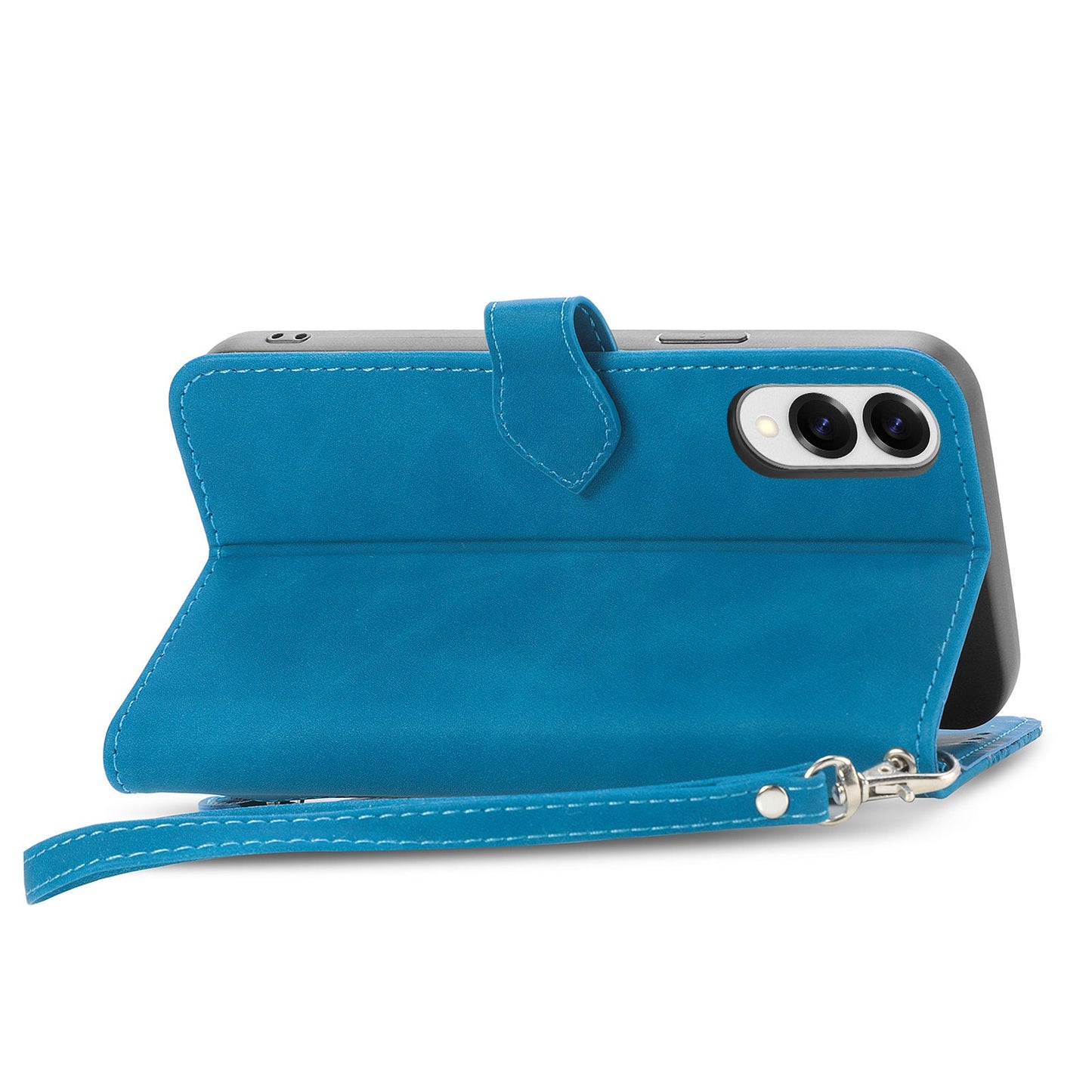 For Samsung Galaxy S25 Edge Zipper Wallet Case with Strap Flower Imprint PU Leather Phone Cover - Blue