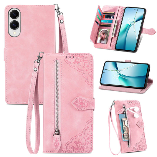 For Samsung Galaxy S25 Edge Zipper Wallet Case with Strap Flower Imprint PU Leather Phone Cover - Pink
