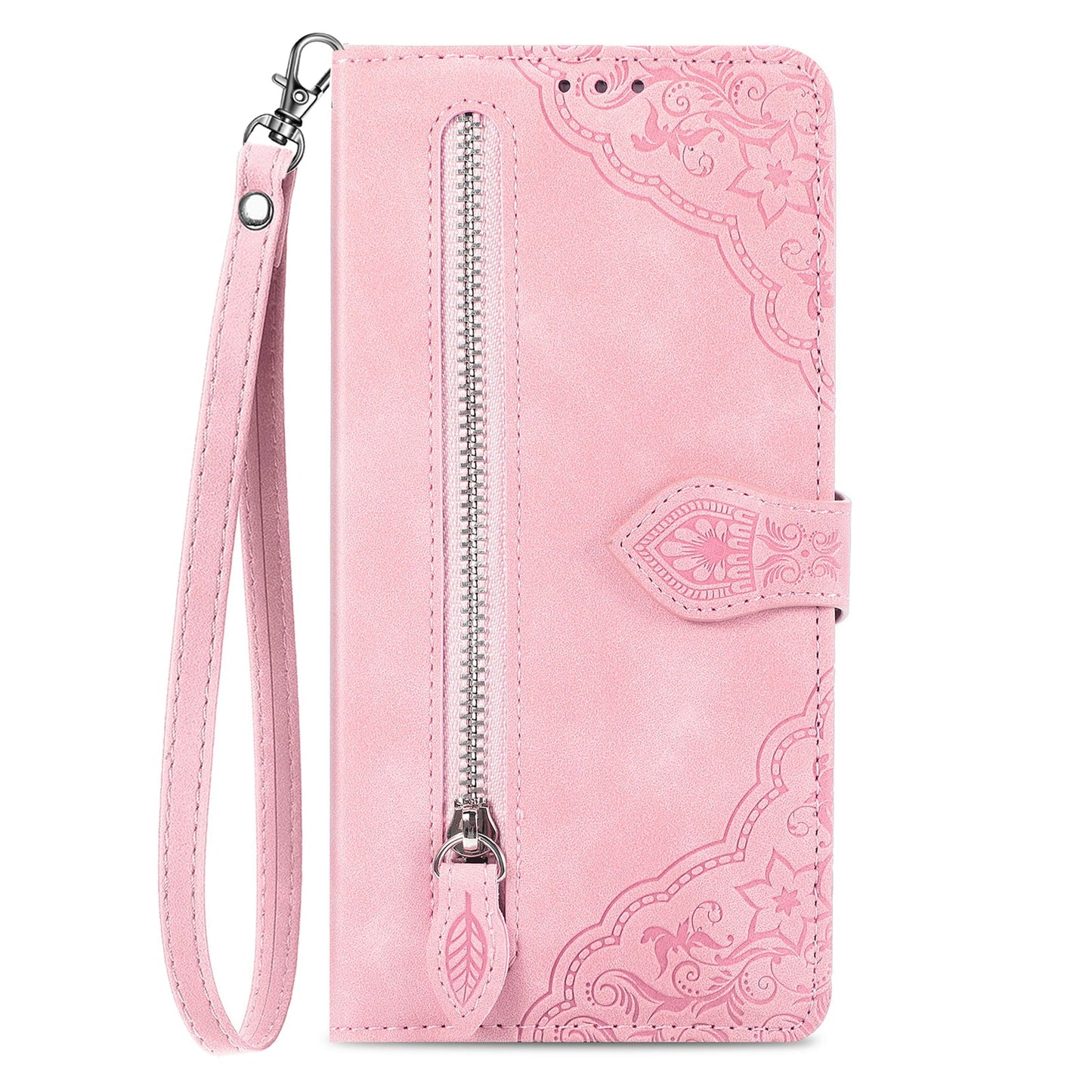 For Samsung Galaxy S25 Edge Zipper Wallet Case with Strap Flower Imprint PU Leather Phone Cover - Pink