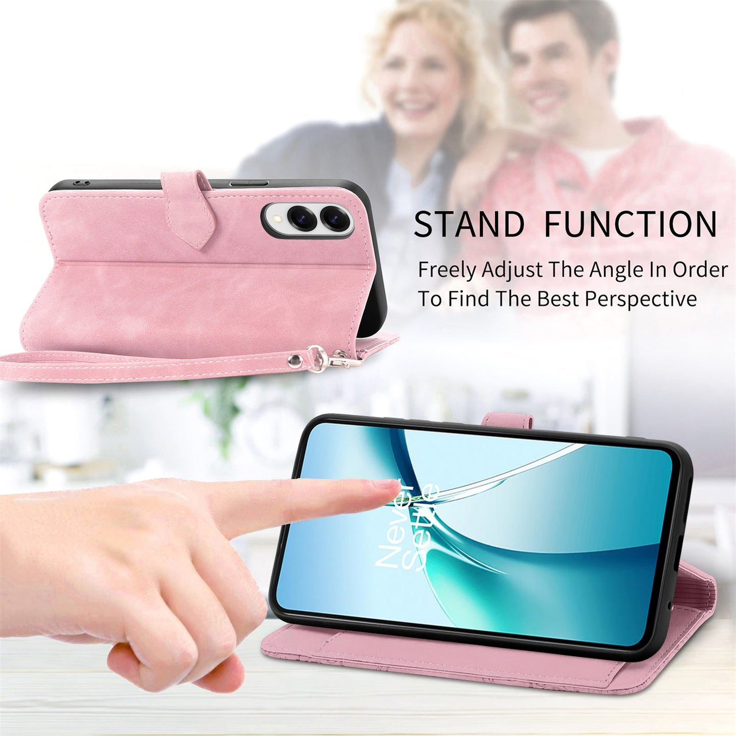 For Samsung Galaxy S25 Edge Zipper Wallet Case with Strap Flower Imprint PU Leather Phone Cover - Pink