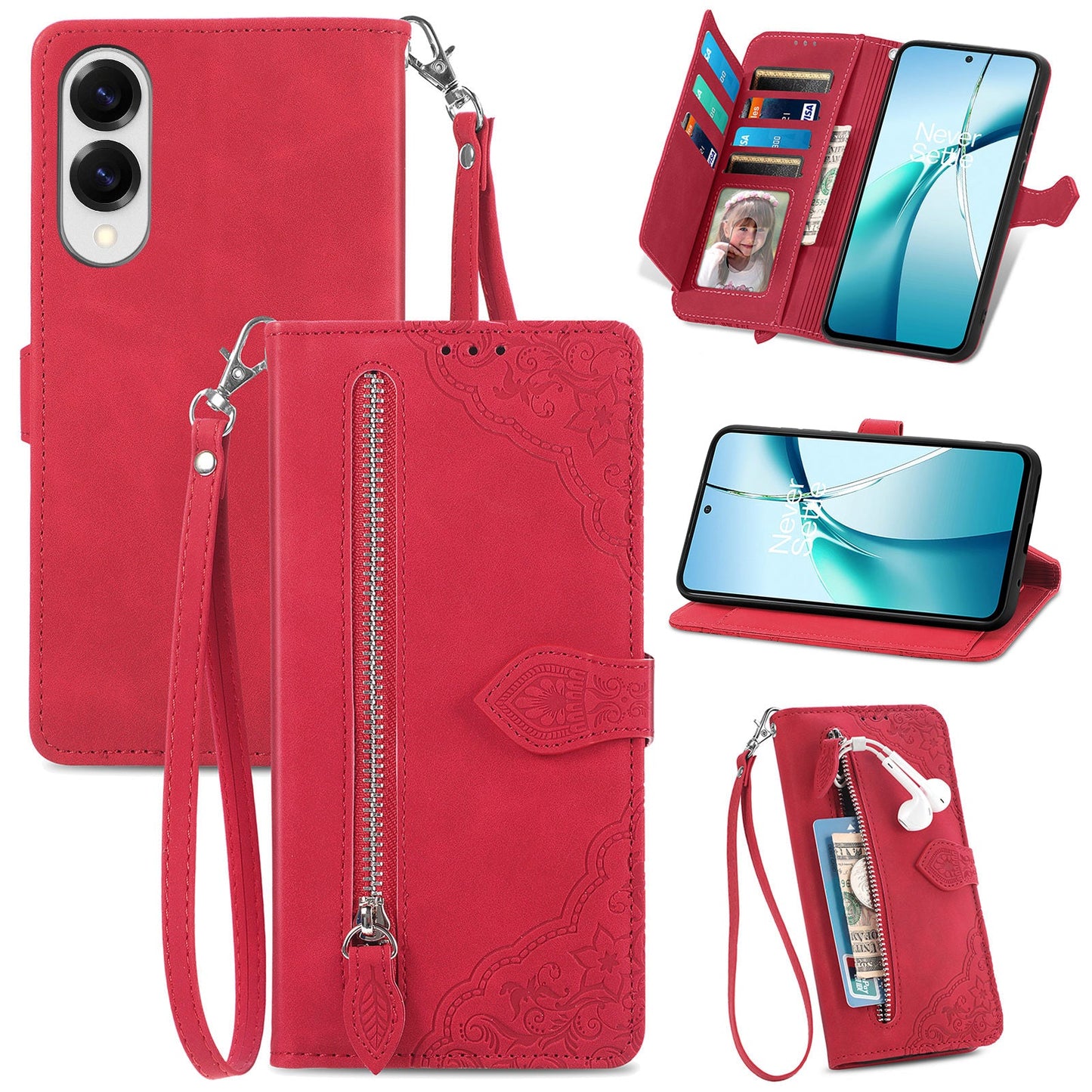 For Samsung Galaxy S25 Edge Zipper Wallet Case with Strap Flower Imprint PU Leather Phone Cover - Red