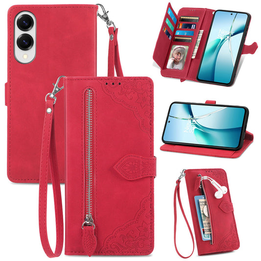 For Samsung Galaxy S25 Edge Zipper Wallet Case with Strap Flower Imprint PU Leather Phone Cover - Red