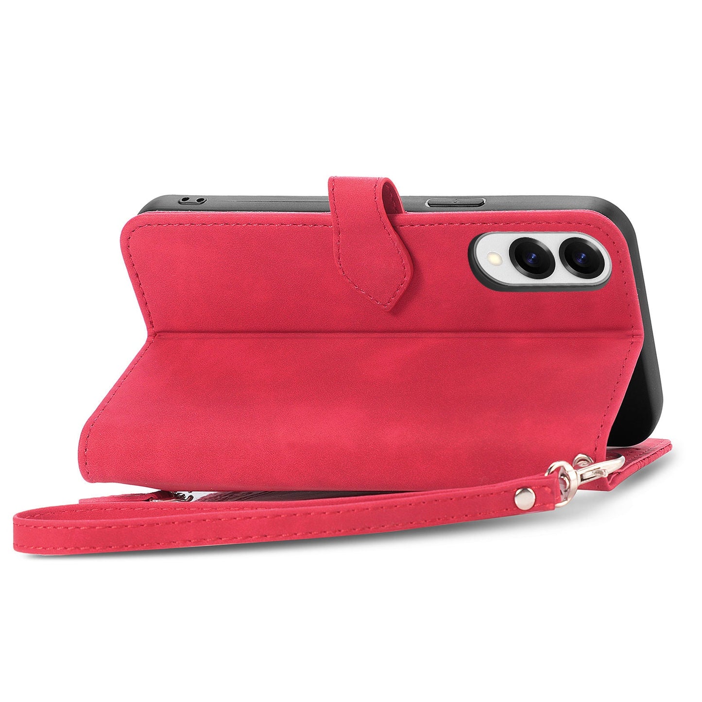 For Samsung Galaxy S25 Edge Zipper Wallet Case with Strap Flower Imprint PU Leather Phone Cover - Red