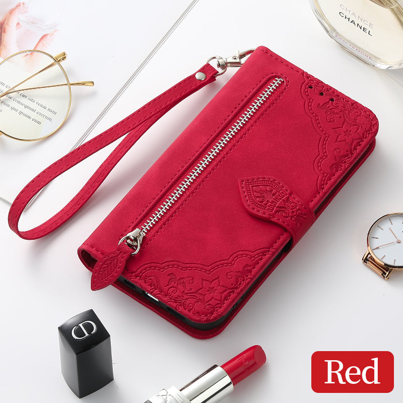 For Samsung Galaxy S25 Edge Zipper Wallet Case with Strap Flower Imprint PU Leather Phone Cover - Red