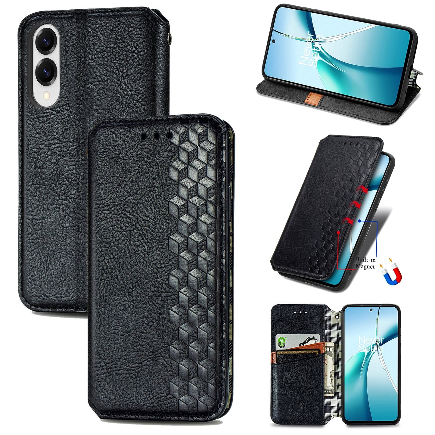 For Samsung Galaxy S25 Edge Case Rhombus Imprint PU Leather Wallet Phone Cover - Black