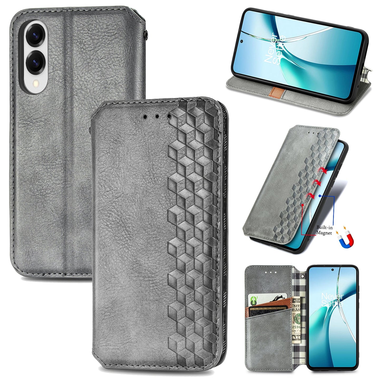 For Samsung Galaxy S25 Edge Case Rhombus Imprint PU Leather Wallet Phone Cover - Grey