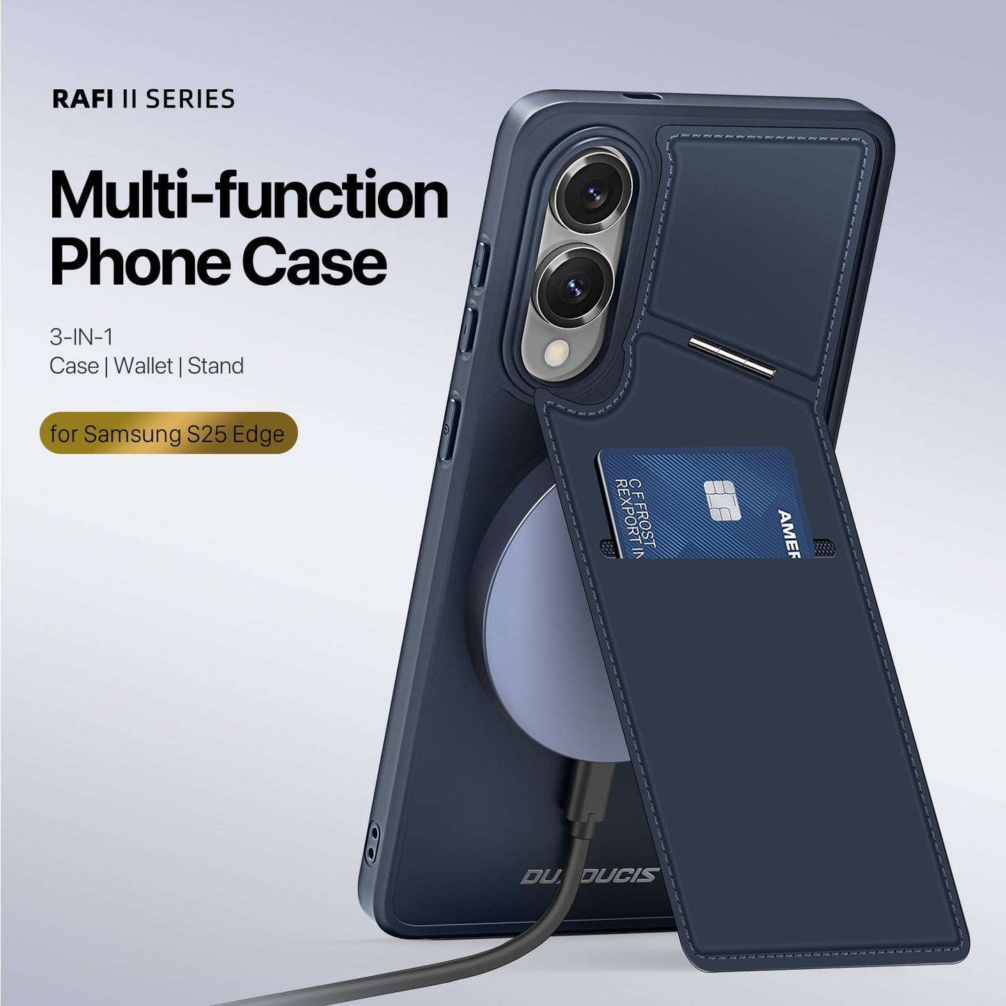 For Samsung Galaxy S25 Edge Magnetic Case DUX DUCIS Rafi II Series Leather Back Cover with RFID Blocking Card Slots - Blue