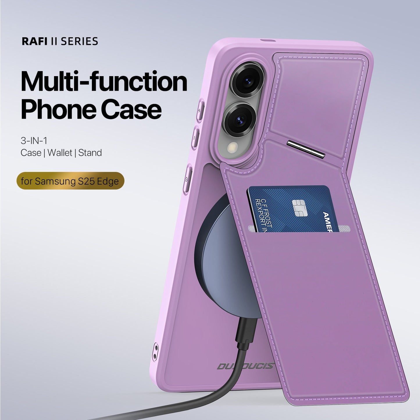 For Samsung Galaxy S25 Edge Magnetic Case DUX DUCIS Rafi II Series Leather Back Cover with RFID Blocking Card Slots - Purple Pink