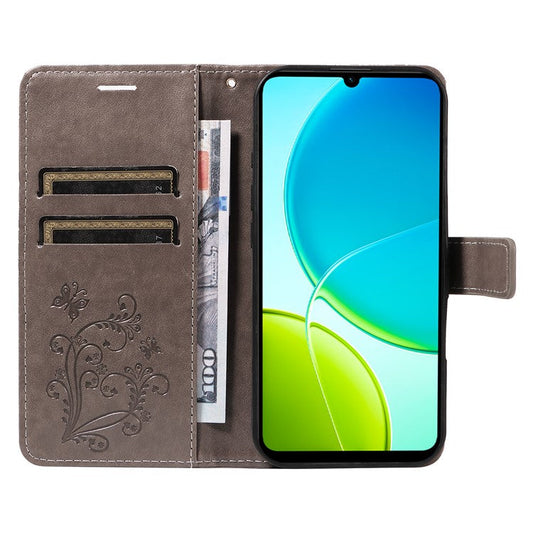 For vivo Y29s 5G Wallet Case Floral Butterfly Imprinted Leather Phone Cover Stand - Grey
