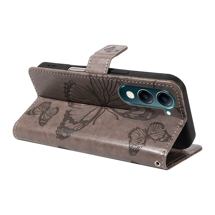 For vivo Y29s 5G Wallet Case Floral Butterfly Imprinted Leather Phone Cover Stand - Grey