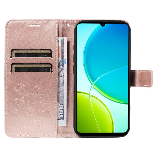 For vivo Y29s 5G Wallet Case Floral Butterfly Imprinted Leather Phone Cover Stand -  Rose Gold