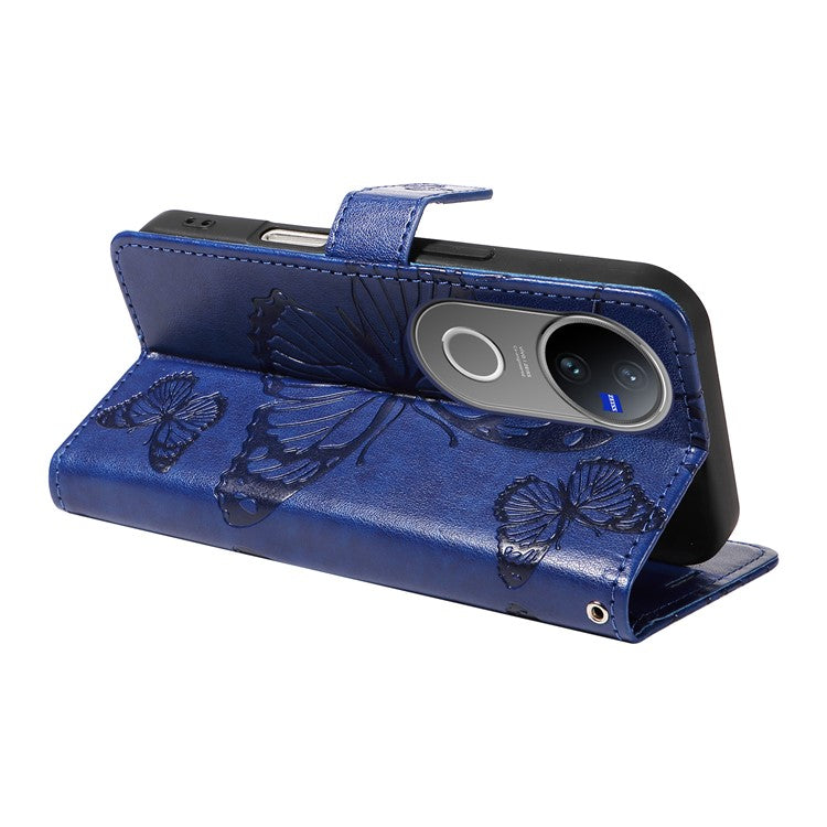 For vivo V50 5G Wallet Case Floral Butterfly Imprinted Leather Phone Cover Stand - Blue