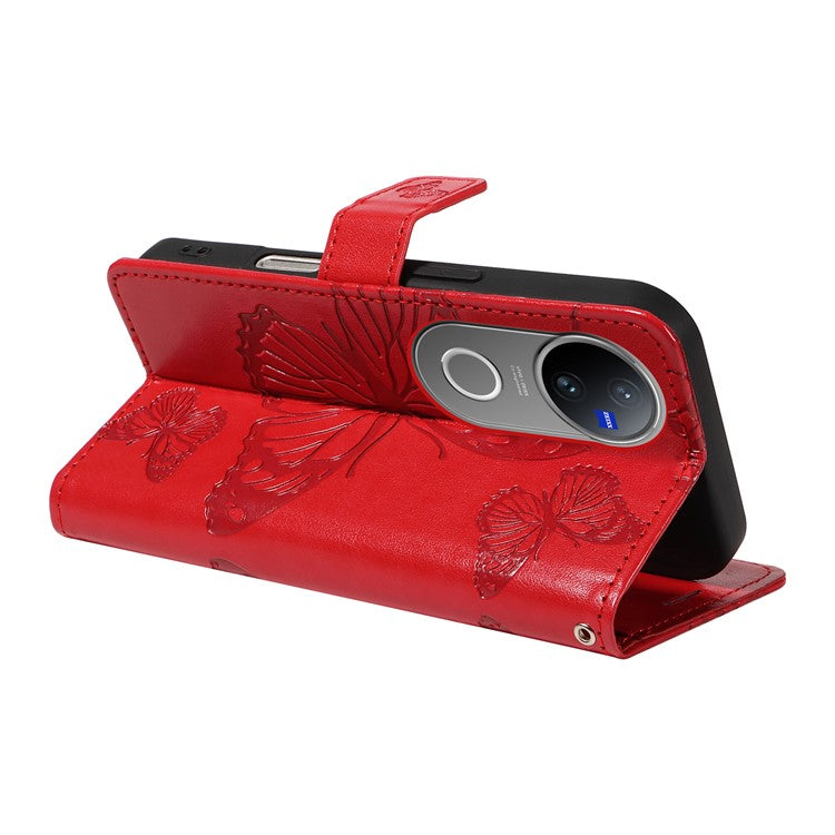 For vivo V50 5G Wallet Case Floral Butterfly Imprinted Leather Phone Cover Stand - Red