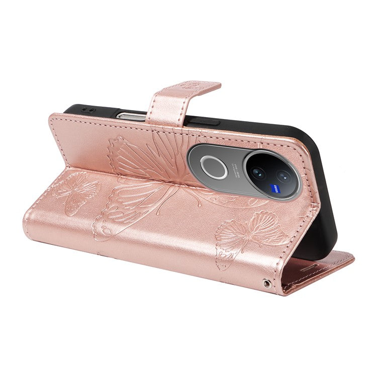 For vivo V50 5G Wallet Case Floral Butterfly Imprinted Leather Phone Cover Stand -  Rose Gold