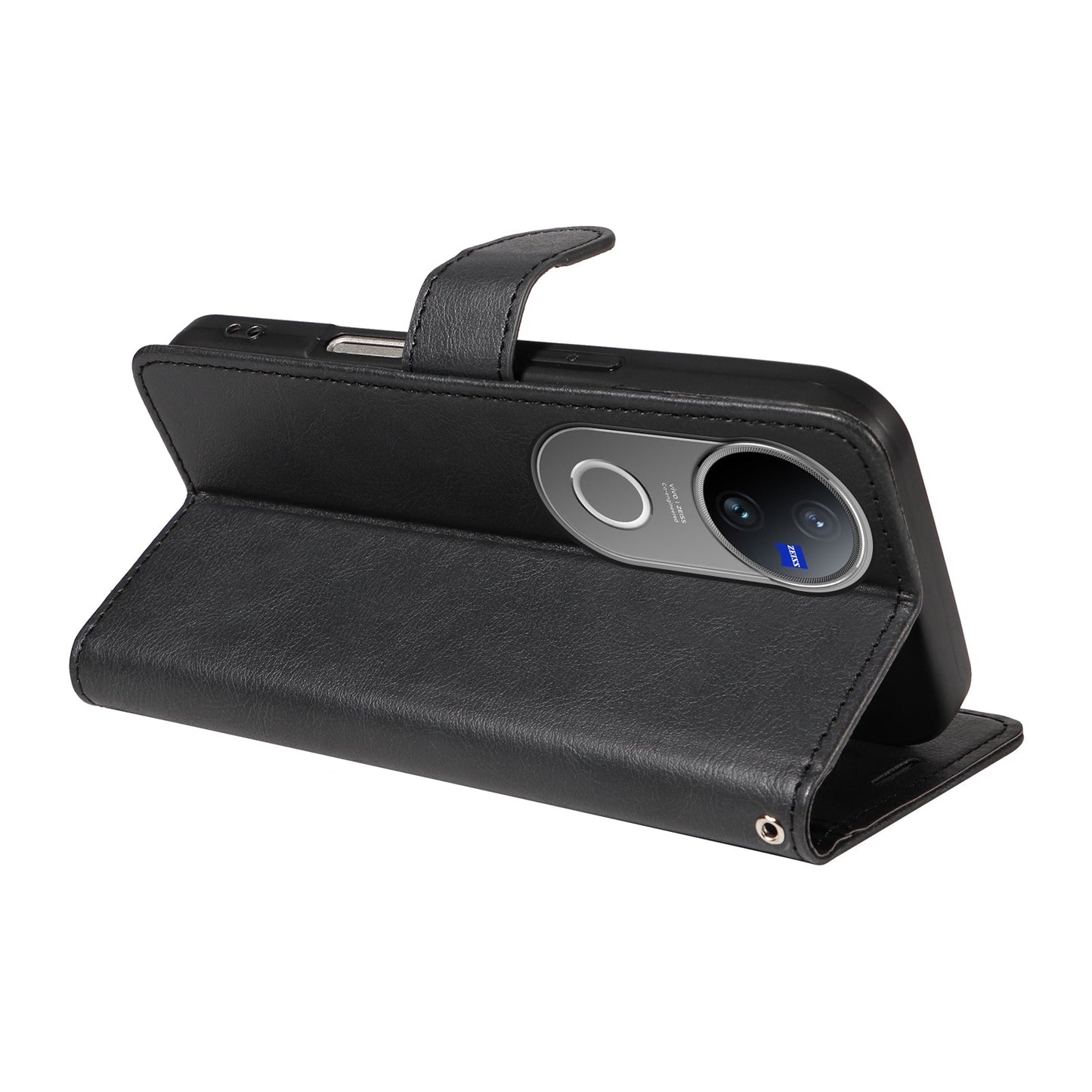 For vivo V50 5G Leather Wallet Case with Strap Solid Color Phone Stand Cover - Black