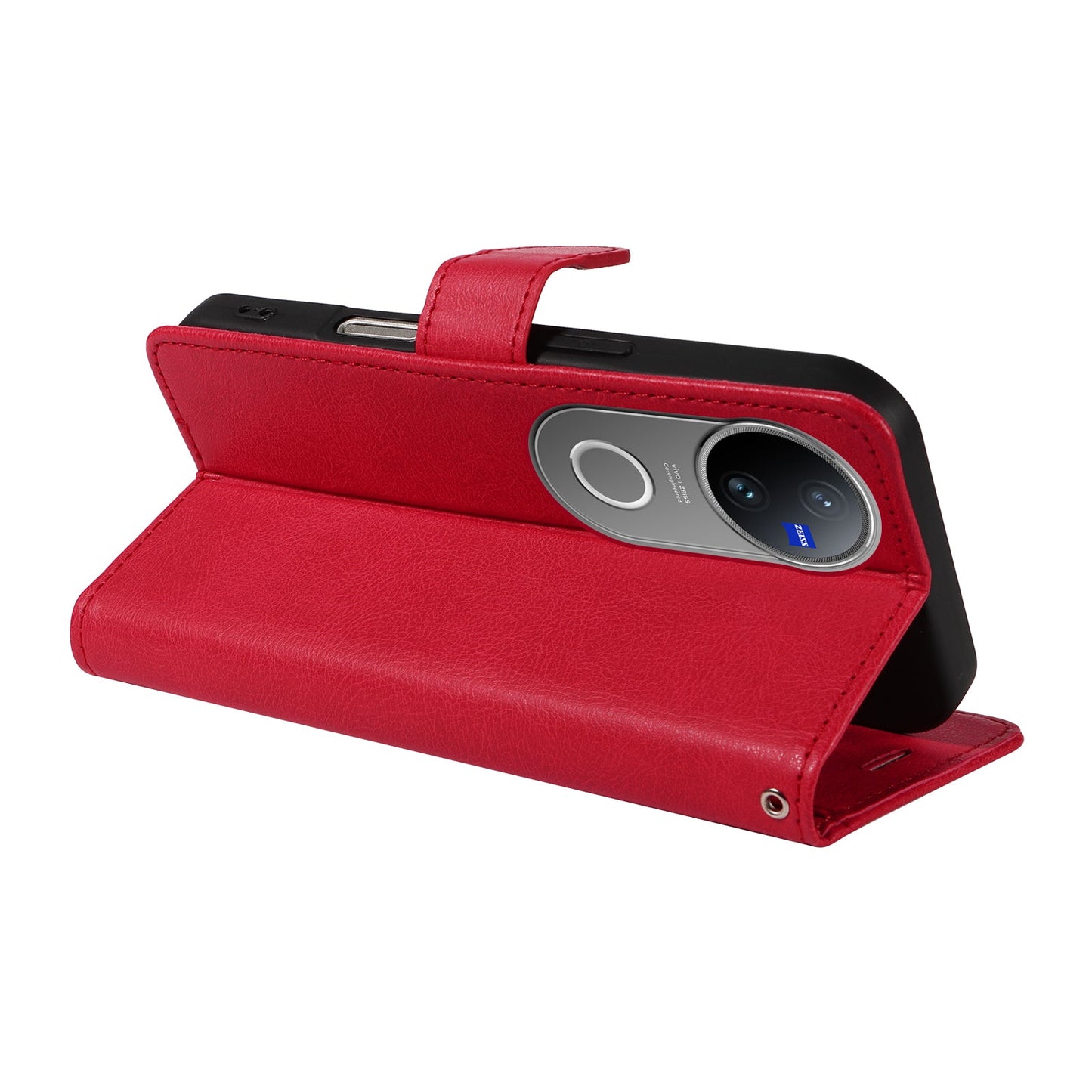 For vivo V50 5G Leather Wallet Case with Strap Solid Color Phone Stand Cover - Red