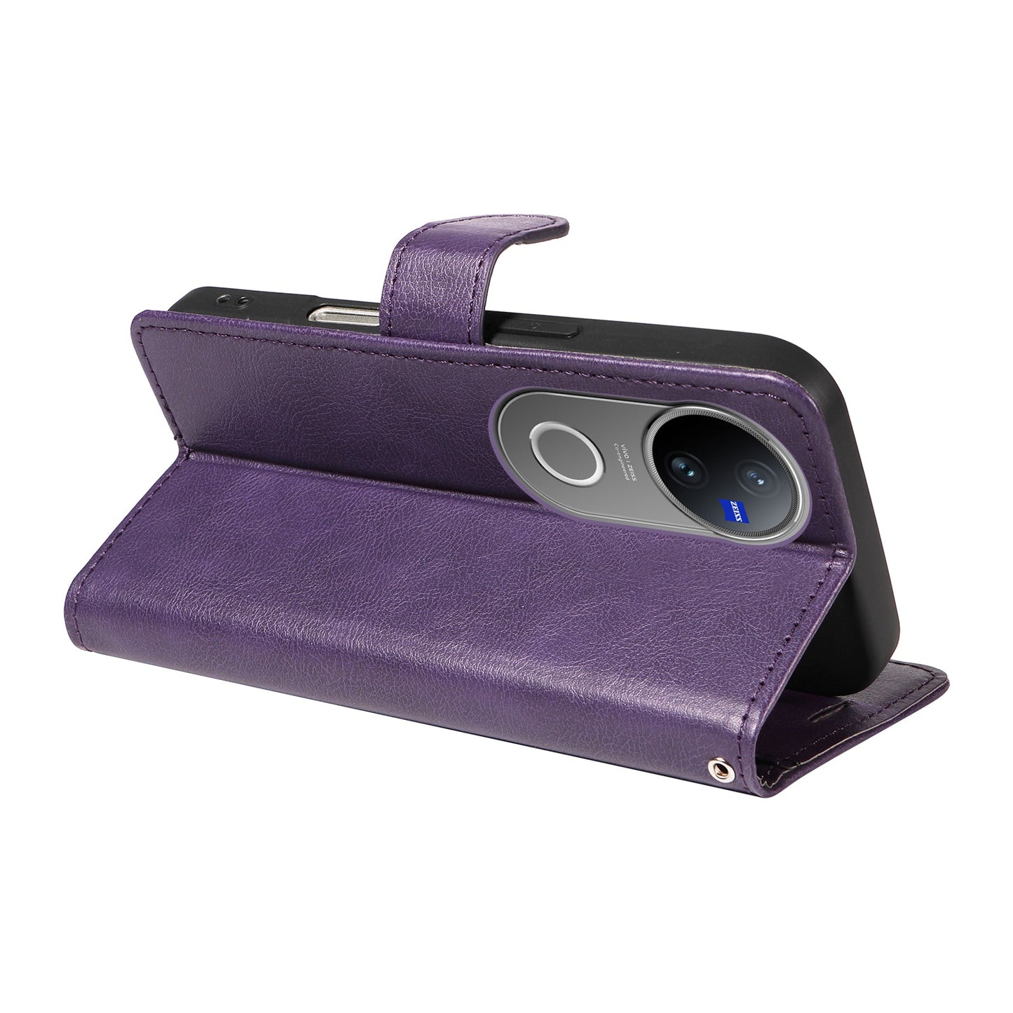 For vivo V50 5G Leather Wallet Case with Strap Solid Color Phone Stand Cover - Purple