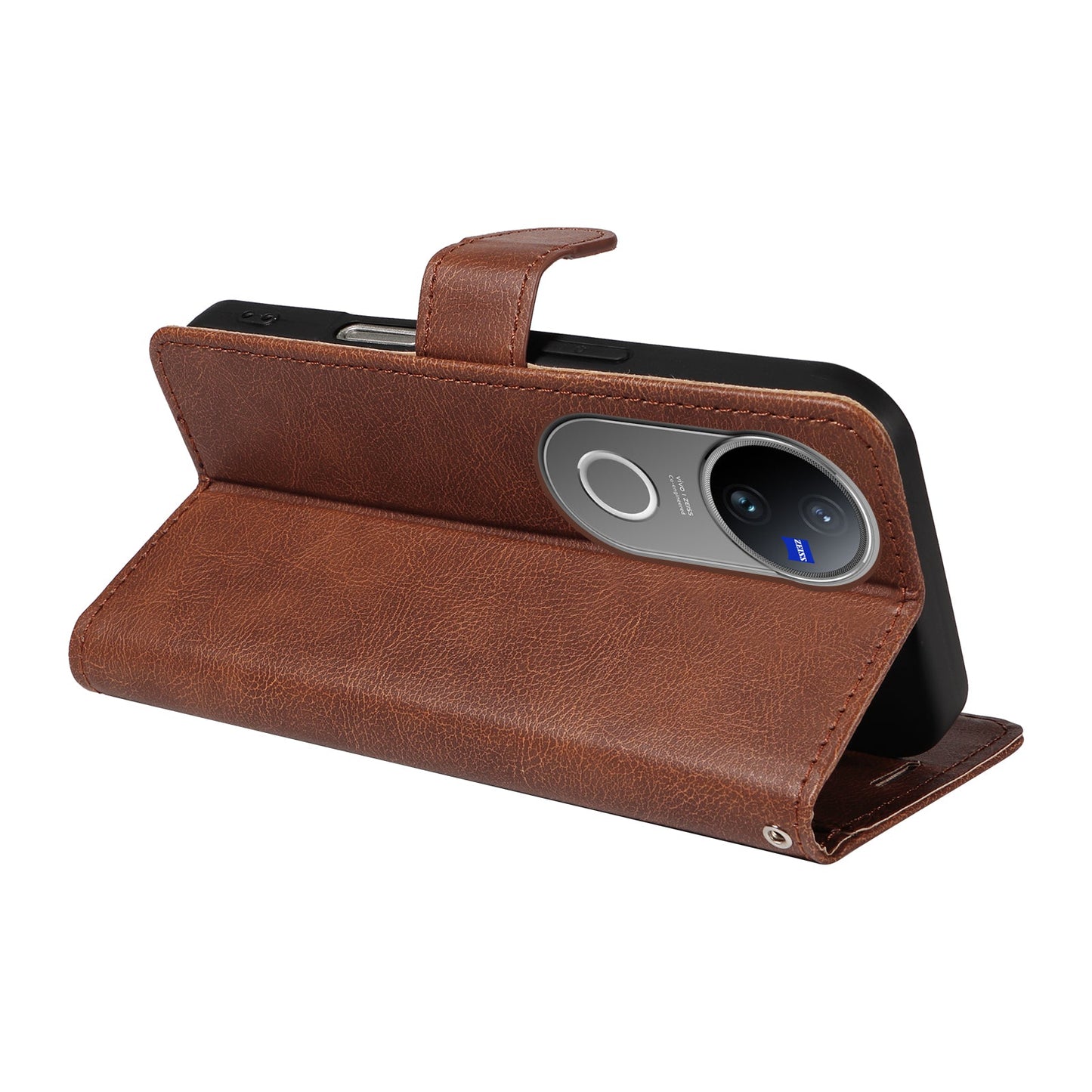 For vivo V50 5G Leather Wallet Case with Strap Solid Color Phone Stand Cover - Brown