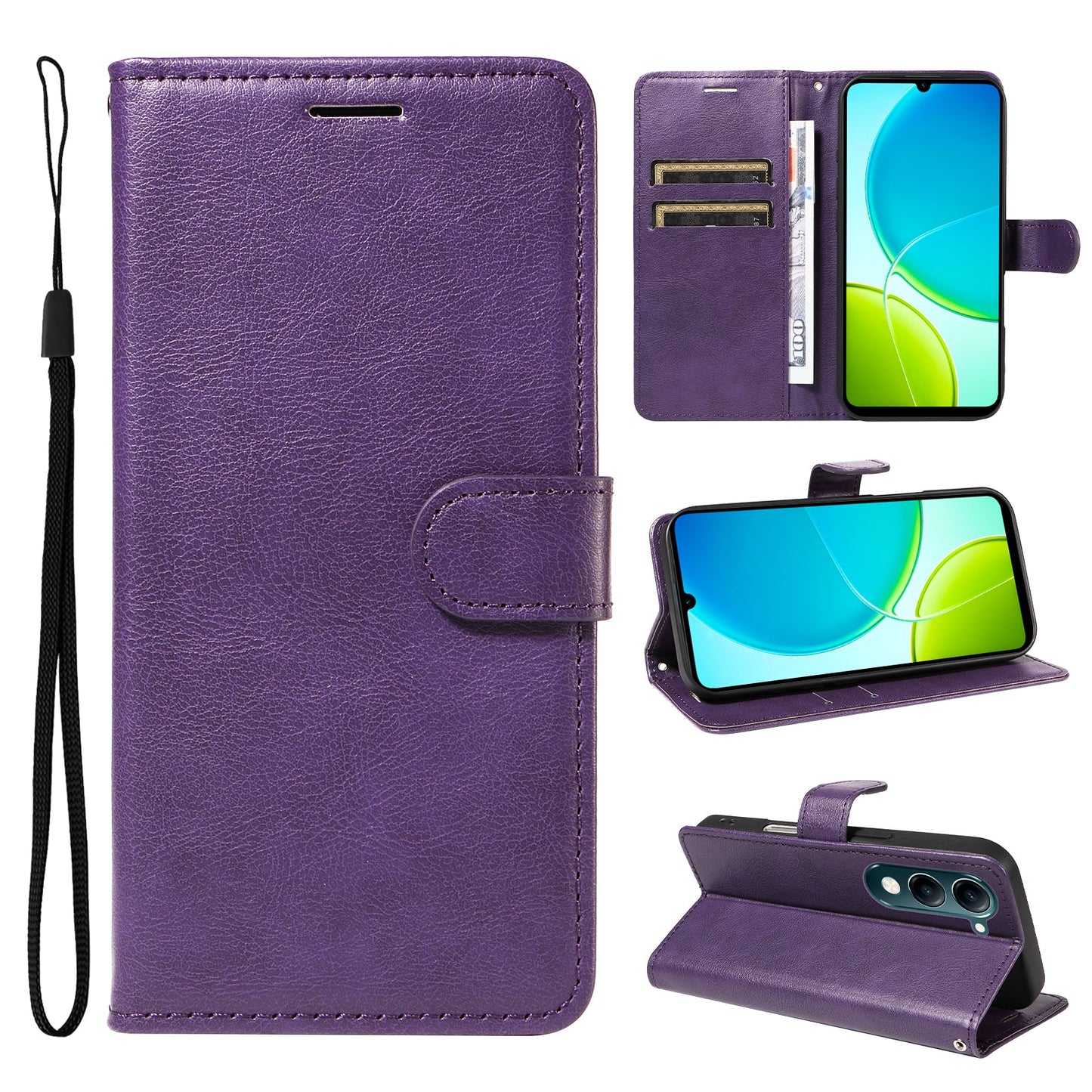For vivo Y04 4G / vivo Y29s 5G Leather Wallet Case with Strap Solid Color Phone Stand Cover - Black