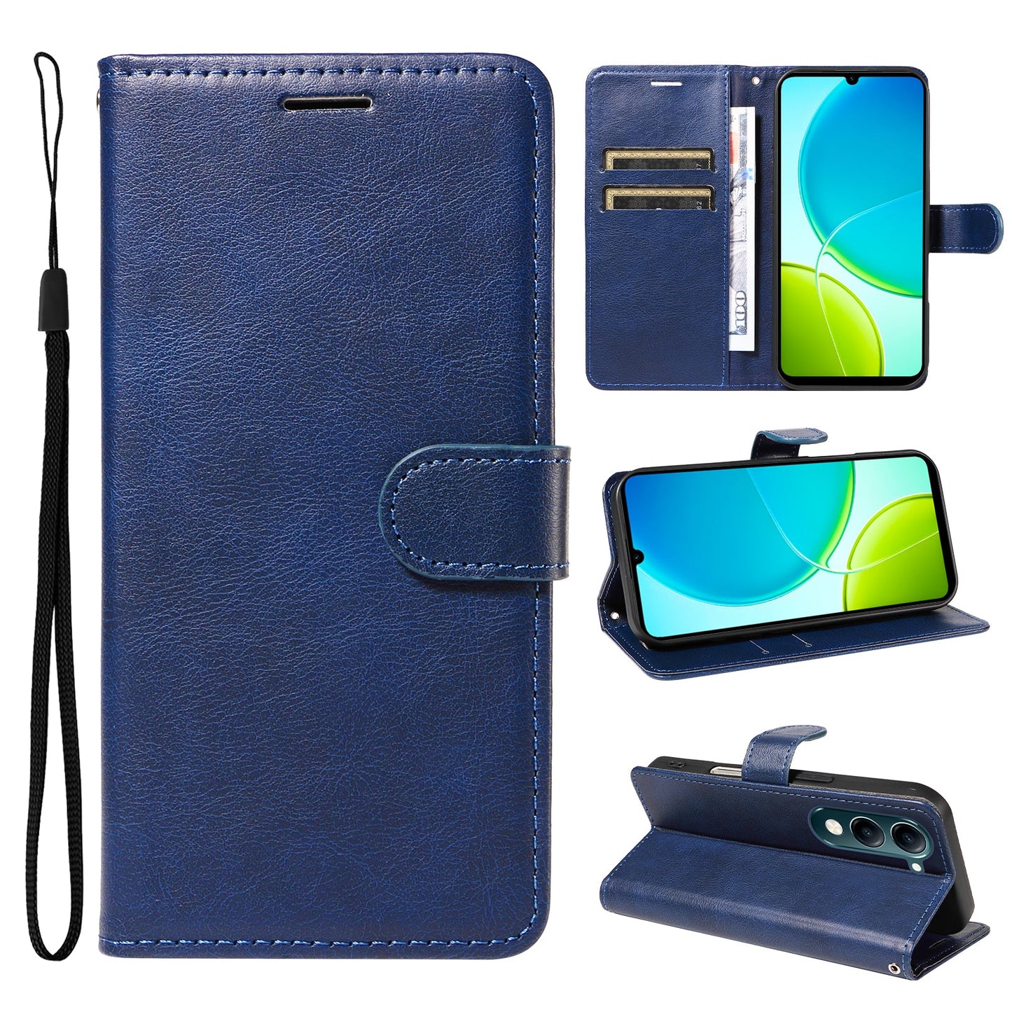 For vivo Y04 4G / vivo Y29s 5G Leather Wallet Case with Strap Solid Color Phone Stand Cover - Black