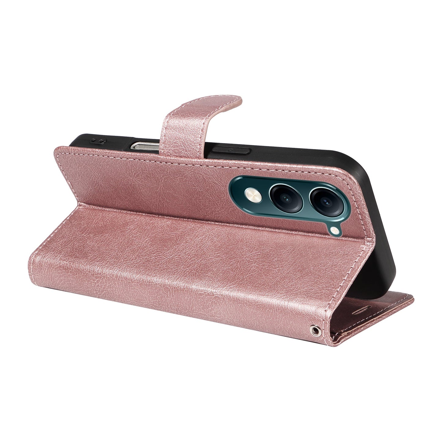 For vivo Y04 4G / vivo Y29s 5G Leather Wallet Case with Strap Solid Color Phone Stand Cover - Rose Gold