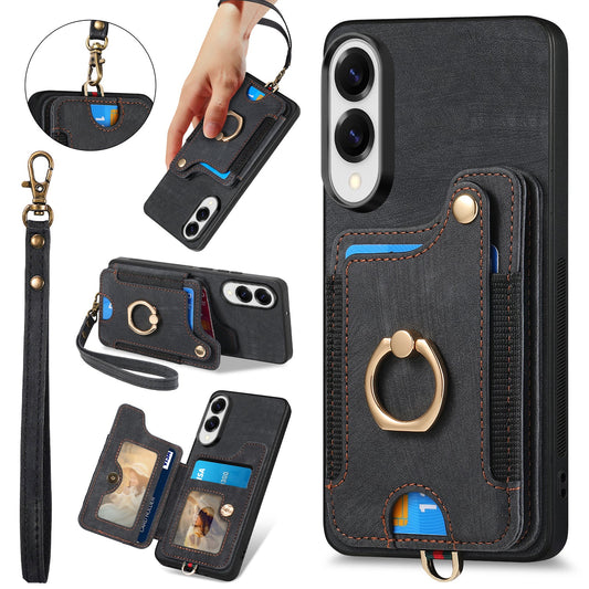 For Samsung Galaxy S25 Edge Retro PU Leather Back Cover with RFID Blocking Card Holder - Black